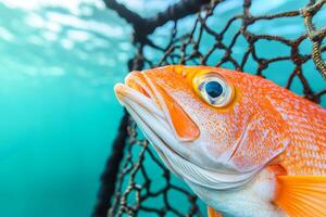 Sustainable management with fisher. Vibrant orange fish close-up in a fishing net underwater. photo