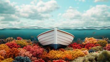 Sustainable management with fisher. A boat surrounded by vibrant coral under a clear sky. photo