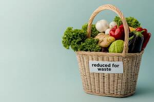 Reduction food waste concept. A basket of fresh vegetables labeled for waste reduction. photo