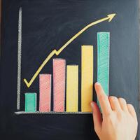 Advice investment tip concept. Chalkboard graph showing upward trend with colorful bars and hand pointing. photo