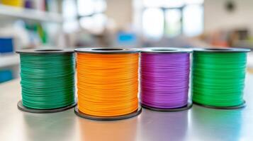 Recycle material advancement concept. Colorful spools of thread arranged on a table in a bright environment. photo