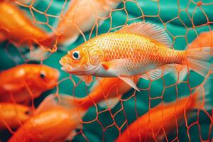 Sustainable management with fisher. Colorful goldfish swimming in a net against a turquoise background. photo