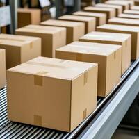 Recycle material advancement concept. Conveyor belt with multiple cardboard boxes ready for shipping. photo