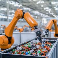 Recycle material advancement concept. Robotic arms sorting plastic waste in a recycling facility. photo