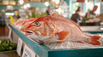 Sustainable management with fisher. Fresh red fish displayed on ice in a market setting. photo