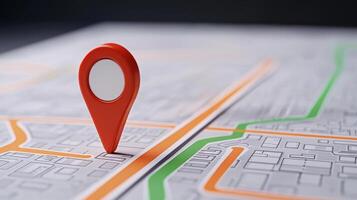 Strategy investment guide concept. Red location pin on a map highlighting navigation and direction. photo