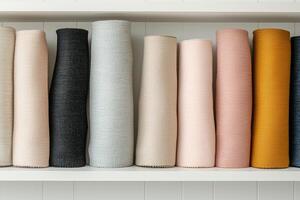 Recycle material advancement concept. Rolls of fabric in various colors displayed on a shelf. photo
