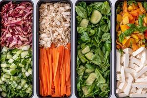Reduction food waste concept. Vibrant assortment of fresh vegetables and proteins in meal prep containers. photo