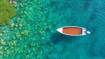 Sustainable management with fisher. Aerial view of a boat navigating clear blue waters with coral reefs. photo