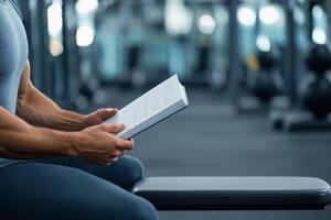 Exercise routine planning concept. Person reading a book in a gym setting with fitness equipment in the background. photo