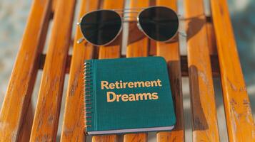 Retirement savings advice concept. Green notebook titled Retirement Dreams with sunglasses on a wooden surface. photo