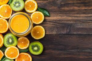 Nutritional food choices concept. Fresh citrus juice surrounded by sliced fruits on a wooden surface. photo