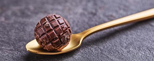 Luxurious chocolate truffles. Delicious chocolate truffle on a golden spoon against a dark background. photo