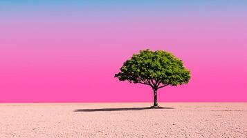 A lone tree in a desert with a pink sky photo