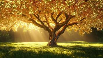 A tree with golden leaves is standing in a field of green grass photo