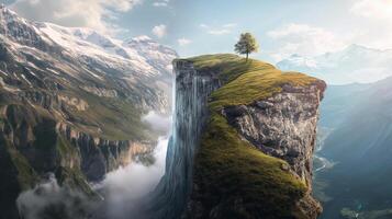 A lone tree stands on top of a cliff photo