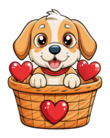Puppy posing in a beautiful basket with heart details png