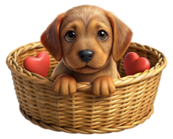 Fluffy puppy enjoying a basket filled with hearts png