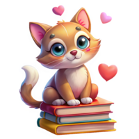 Cat enjoying books with a backdrop of lovely hearts png