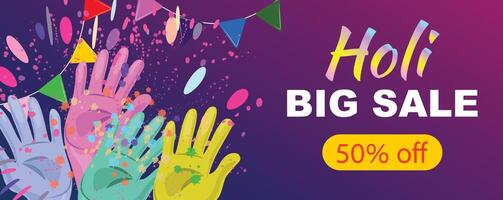Holi banner showcasing playful hands tossing powders, decorative garlands, and bright colors, perfect for promotions vector