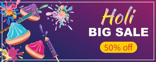 Festive Holi banner featuring colorful Pichkari splashes, vibrant powders, and Holi Sale text, perfect for promotions vector