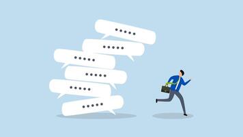 Communication overload, 4k animation of frustrated entrepreneur flees from toppling pile of virtual speech bubbles. video