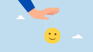 Control emotion, 4k animation of businessman hands bound with string to manage, influence grin like marionette. video