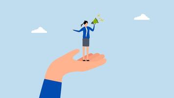 encourage employee to speak out, 4k animation of giant hand assists businesswoman employee in expressing herself with megaphone. video