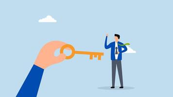 4k animation of coach possessing the success golden key to open the employee keyhole. video