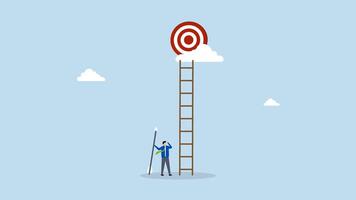 Dream big aim high, 4k animation of determined entrepreneur grips dart aims for lofty target in the sky video