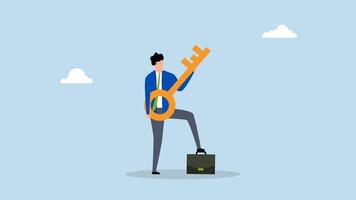 Key success for business, 4k animation of joyful entrepreneur with a golden key as a guitar celebrating freedom through dance. video