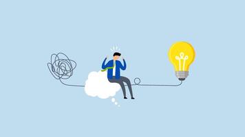 Problem solving skill, 4k animation of entrepreneur in thought cloud linking question mark to lightbulb answer. video
