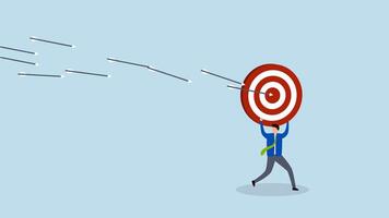 Chasing for target achievement, 4k animation of businessman carrying large arrow target flees from swarm of arrows. video