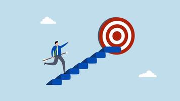 Success step to reach business goal, 4k animation of joyful entrepreneur holding dart ascends staircase to hit dartboard target. video