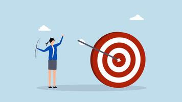 Achieve target, 4k animation of Joyful businesswoman releases arrow in archery aimed at large target. video