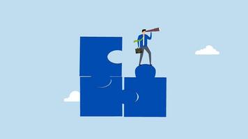 Finding solution, 4k animation of entrepreneur positioned on unfinished puzzle searching for absent fragment. video