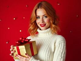 Elegant red haired Woman in Turtleneck Sweater Holding Golden Gift Box with Glitter Ribbon Against Red Background - Christmas Holiday Portrait photo