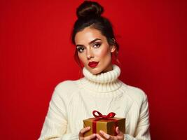 Elegant persian Woman in Turtleneck Sweater Holding Golden Gift Box with Glitter Ribbon Against Red Background - Christmas Holiday Portrait photo