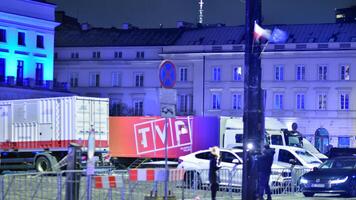 Warsaw, Poland. 3 January 2025. TVP broadcast vans during the broadcast from the Grand Theatre. photo