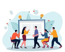 Team brainstorming and collaboration concept illustration. Group of people discussing ideas, planning, and working together on a project. Perfect for teamwork and business themes vector