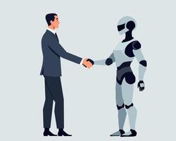 Illustration of a business handshake between a human and a robot, symbolizing collaboration, artificial intelligence, and futuristic partnerships. Ideal for tech and innovation themes vector