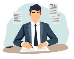 Flat illustration of a professional businessman sitting at a desk, signing documents. Tax forms and a calculator on the desk represent financial management and accounting work vector
