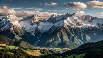 A beautiful mountain range with snow capped peaks photo