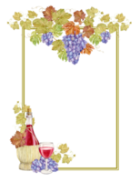 Watercolor vertical frame with grapes and a bottle of wine. Illustration of grapevine, purple berries, straw jug and glass with red wine. Frame for red wine, winery in retro style. png