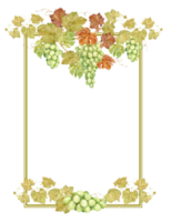Watercolor vertical frame with grapes. Illustration of grapevine, green berries and leaves. Frame for white wine, jam, juice label. Clipart for wine, cafe, restaurant. png