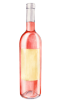 Watercolor rose wine bottle with old paper label. Hand drawn clipart of alcoholic drink for party and event. Illustration for tasting, menu, cafe, bar, posters and wine list design. png