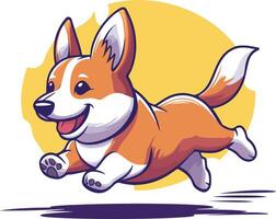 Flat design of a playful corgi running with its tongue out, rendered in light orange and white tones, isolated on white vector