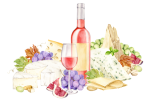 Rose wine and snack. Bottle of light wine, glass of red wine, blue grapes, brie and cheddar cheese and figs. Watercolor illustration in retro style. Composition for menu or wine list design. png