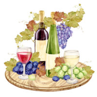 Red and white wine and snack served on a wooden board. Bottle, glass, green grapes, brie and cheddar cheese and figs. Composition for restaurant menu or wine list design. Clipart in rustic style. png
