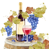 Watercolor bottle of red wine with old paper label and glass of red wine on a log oak barrel. Grapevine with blue berries. Illustration for tasting, menu, cafe, bar, posters and wine list design. png